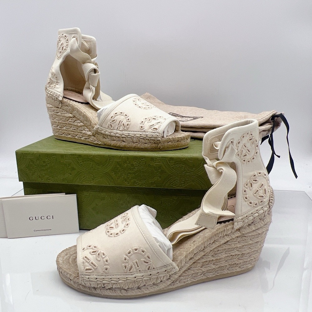Gucci GG Damita Espadrille Wedge Sandal Eyelet Beige Canvas EU 36.5 US 6.5 - Picture 3 of 15